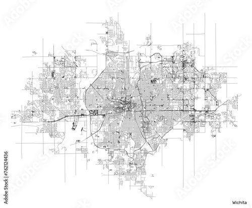 Wichita city map with roads and streets, United States. Vector outline illustration.