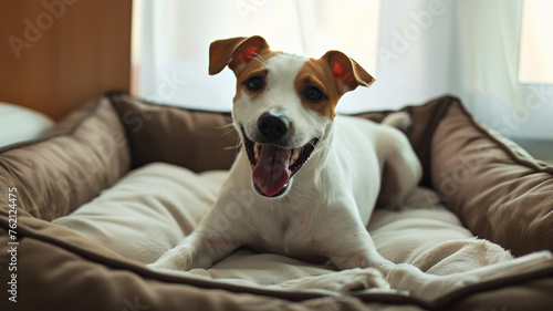 Energetic Jack Russell Terrier rests happily in a cozy dog bed with sunlight streaming in.