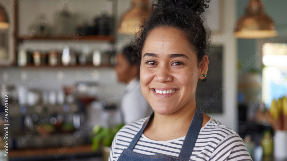 A cheerful woman in an apron smiles warmly in a cozy, sunlit cafe setting. A cheerful woman in an apron smiles warmly in a cozy, sunlit cafe setting.