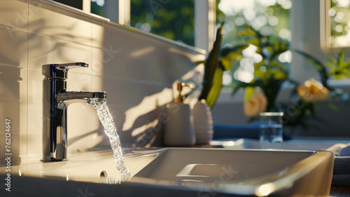 Sunlight bathes a modern kitchen faucet  with running water in a serene home.