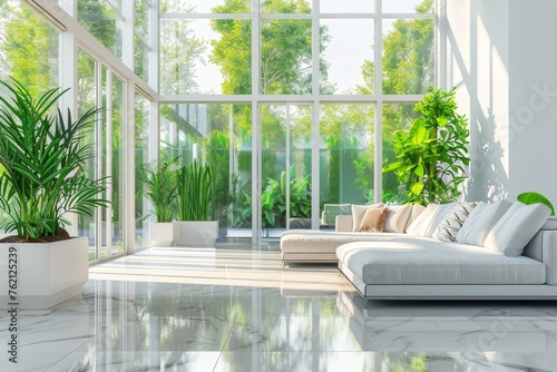 Modern Living Room Design  Luxury Elegant Interior  Green Plants  Panoramic Windows  Copy Space