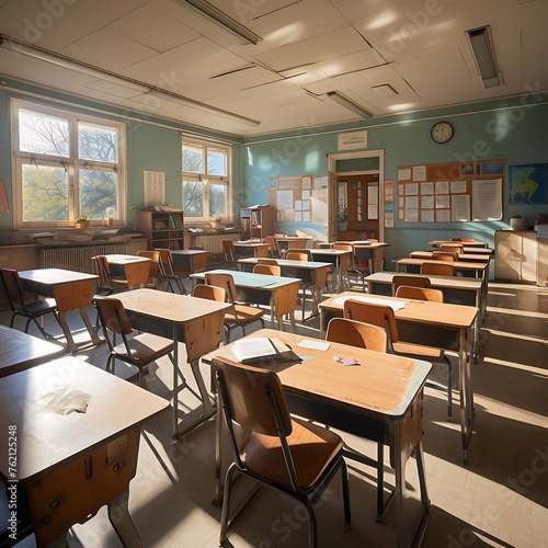 Vintage image of Desk and chairs in classroom background  photo