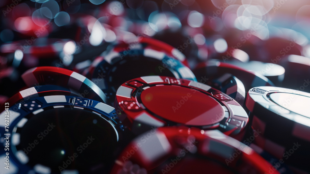 Obraz premium Gleaming casino chips stacked high, capturing the thrill and risk of gambling.