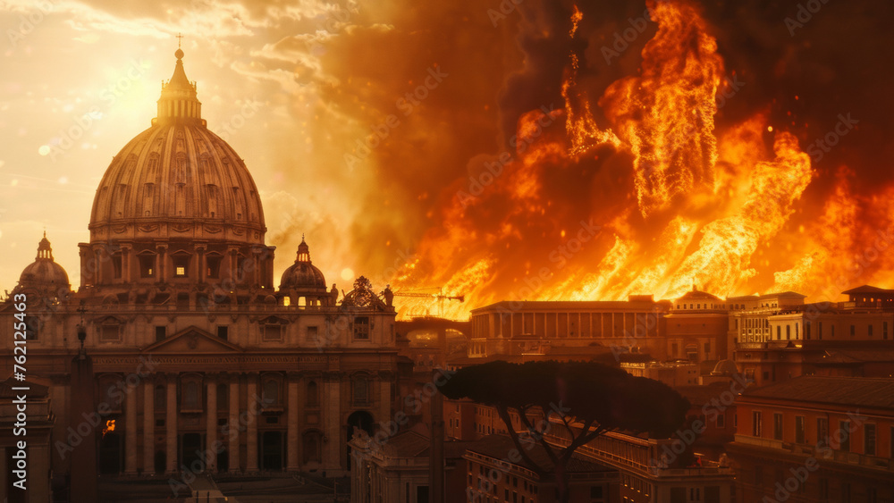 Fiery apocalypse engulfs Rome, with St. Peter's Basilica in the foreground.