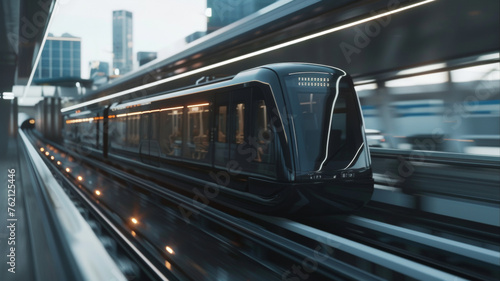 Futuristic train speeding through a sleek cityscape, showcasing modern transportation.