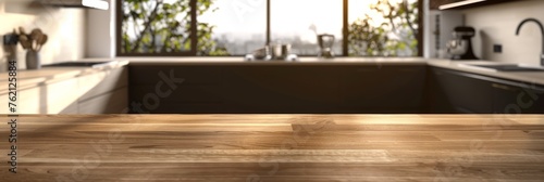 Light Wood Table on Blurred Kitchen Background  Modern Wooden Table Mockup for Montage Product