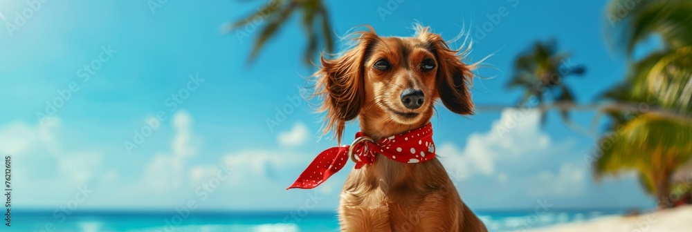 Small Dachshund wearing a red bandana in front of a vibrant beach backdrop complete with palm trees and a clear blue sky created with Generative AI Technology - obrazy, fototapety, plakaty 