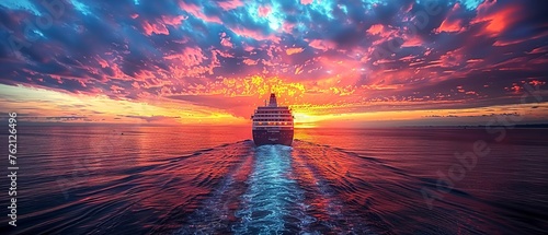 Majestic cruise ship departing at sunset, vibrant skies, wide angle, farewell scene.