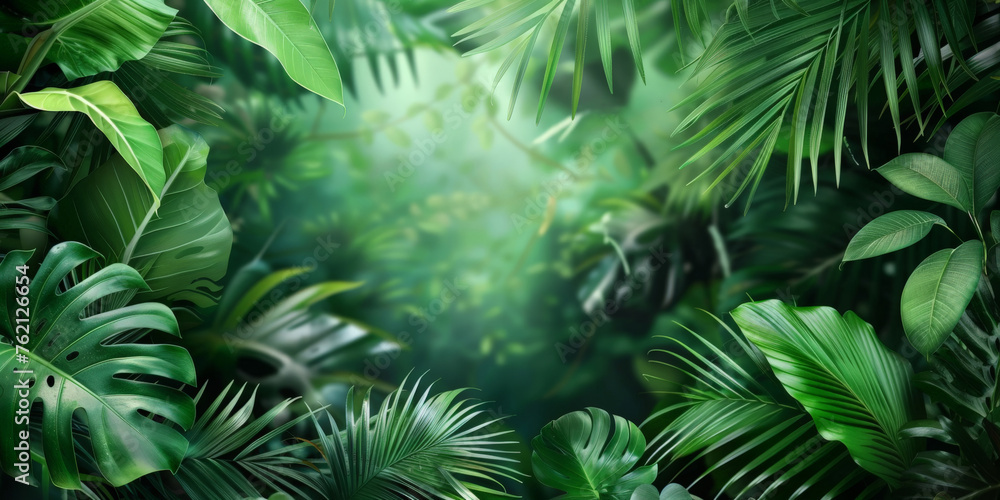 A tropical rainforest background with lush green leaves, perfect for summer events, copy space A tropical rainforest background with lush green leaves, perfect for summer events, copy space