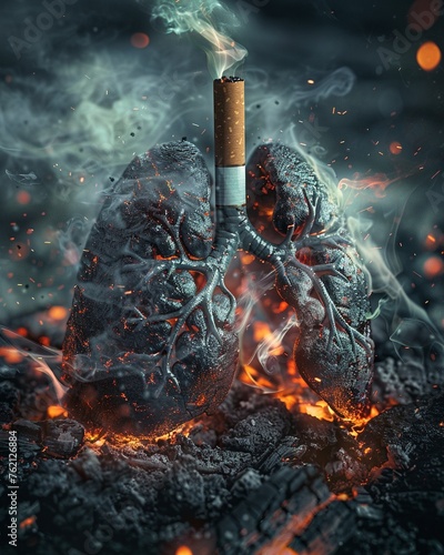 A conceptual image of damaged human lungs with a cigarette wedged between them surrounded by smoke and embers