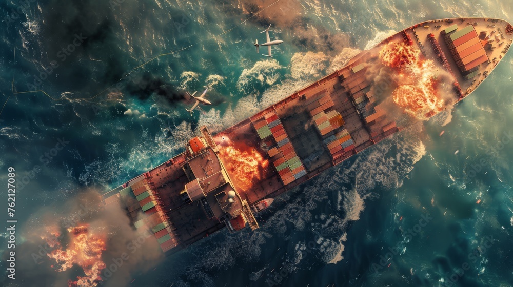 a container cargo ship sailing in the vast ocean attacked by drones, impressive explosions 
 - obrazy, fototapety, plakaty 