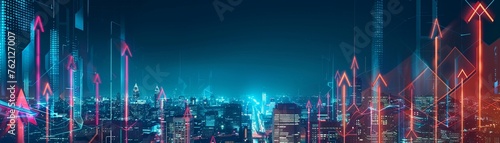 A digital illustration of glowing arrows soaring upwards over a cityscape symbolizing growth progress or futuristic navigation