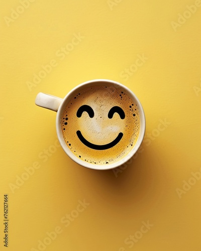 A topdown view of a cup of coffee with a smiley face on a yellow background
