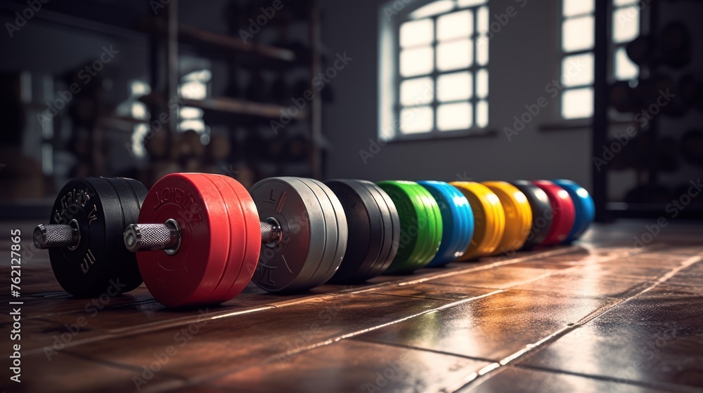 Isolated colorful dumbbells lying on the floor.