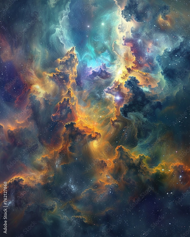 A vivid and fantastical depiction of a nebula with bright colors and dynamic cloud formations against a starry sky A vivid and fantastical depiction of a nebula with bright colors and dynamic cloud formations against a starry sky