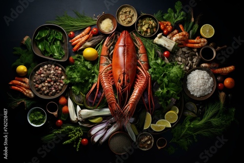 Tantalizing Overhead shot seafood meal. Shrimp dish meal gourmet plate. Generate Ai