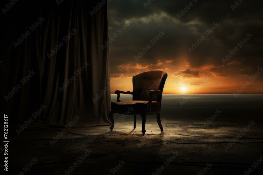 Peaceful Chair in dark room near window with overlooking garden. Vintage armchair with colorful plaid with nature oversight. Generate ai - obrazy, fototapety, plakaty 