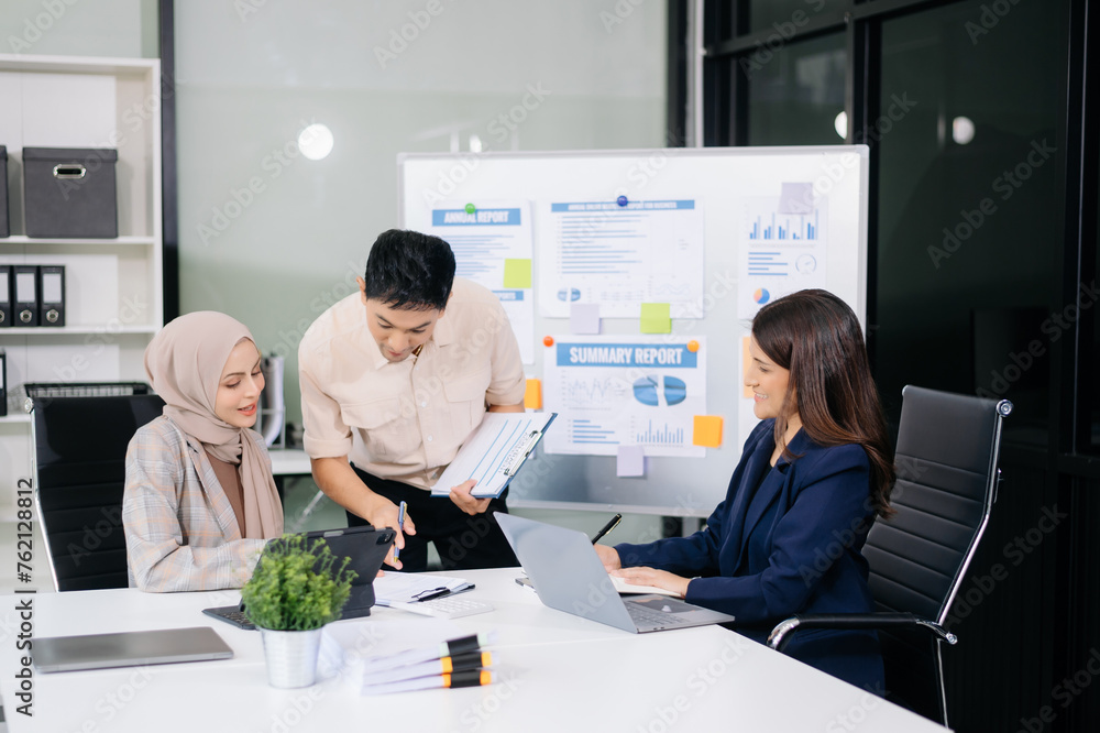 Business team discuss at meeting room. working together with laptop ,tablet and smart phone on desk Financial accountant at office