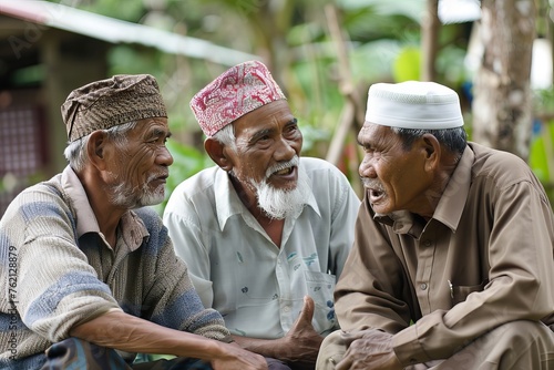 A community group  of three Southeast Asian Muslims are talking to each other. Malaysian Muslim  Indonesian Muslim  Old Asian Muslim.