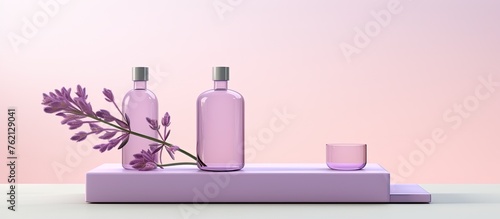 Two plastic bottles containing purple liquid and a cup sit atop a violet shelf. The vibrant color scheme adds a touch of whimsy to the room