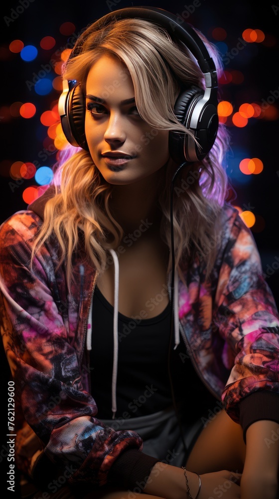 Fototapeta premium Woman With Headphones at Microphone
