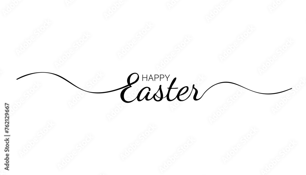 The greeting inscription is written in calligraphy Happy Easter. Black text on a white background. Wavy ribbons on the sides of the text. As a template for a banner, poster on the web The greeting inscription is written in calligraphy Happy Easter. Black text on a white background. Wavy ribbons on the sides of the text. As a template for a banner, poster on the web