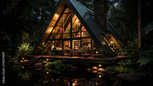 Illuminated A-Frame Cabin in Woods at Night