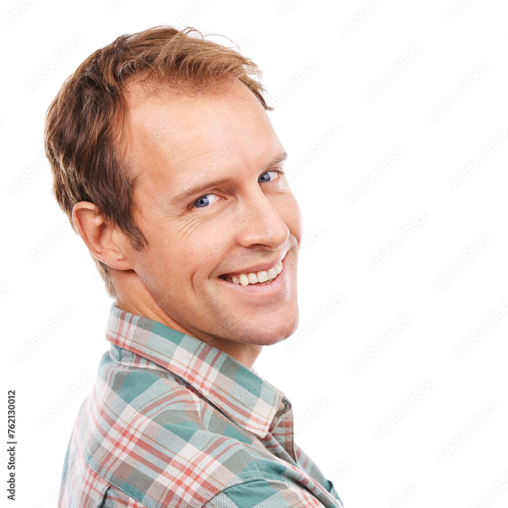 Happy man, portrait and face with fashion in confidence for style on a white studio background, Handsome young male person or model with smile for casual clothing or positive attitude on mockup space Happy man, portrait and face with fashion in confidence for style on a white studio background, Handsome young male person or model with smile for casual clothing or positive attitude on mockup space