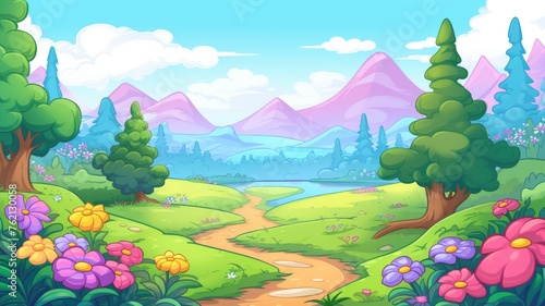 cartoon  landscape with blooming flowers  greenery  and distant mountains under a blue sky