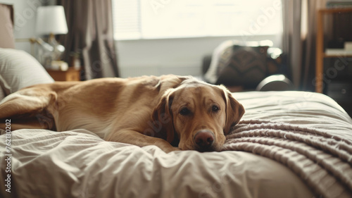 Loyal golden retriever resting on a bed with rumpled linens, embodying home comfort and companionship.