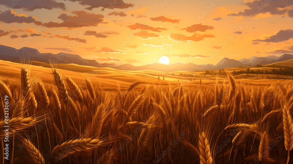 Wheat field bathed in golden sunset light