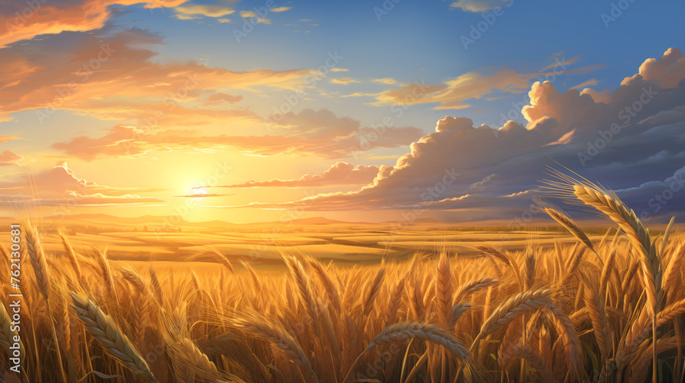 Wheat Field Sunset Landscape: A stunning view of golden wheat fields under the colorful sky of a sunset, capturing the essence of rural beauty and agriculture