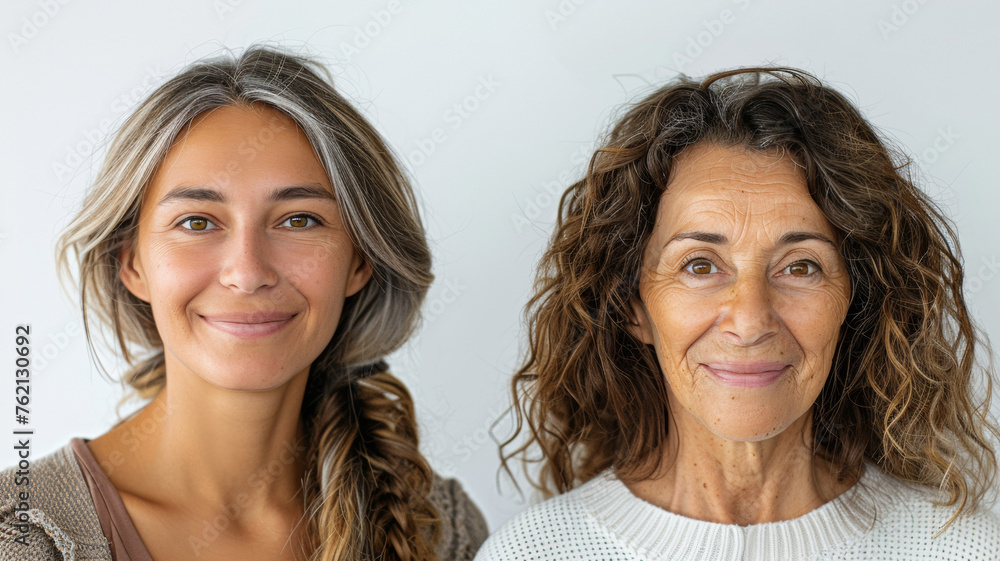 Intergenerational joy reflected in the smiles of a young woman and her older counterpart. Intergenerational joy reflected in the smiles of a young woman and her older counterpart.