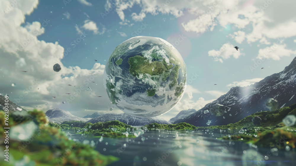 Surreal landscape with an oversized Earth dominating the sky above a serene, verdant valley.