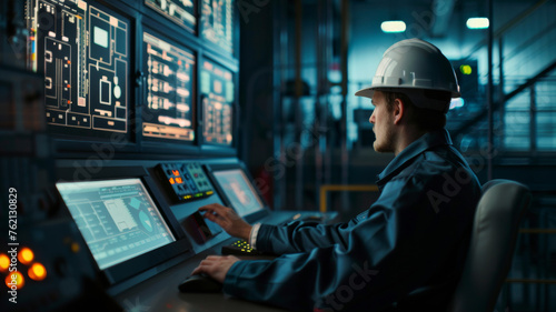 An engineer monitors complex control panels, ensuring seamless operations in an industrial setting.