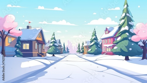 cartoon Flat winter landscape. serene snowy village with vibrant houses and tall pine trees under a clear sky