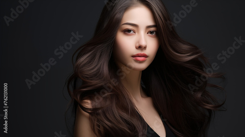 portrait of an asian woman with long hair , beauty shot 