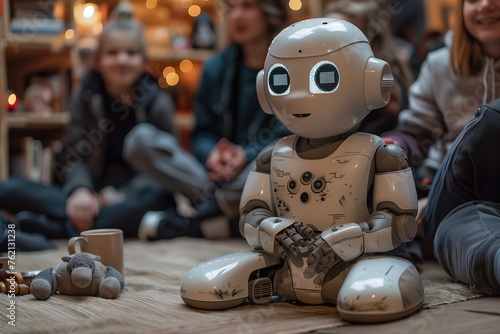 An advanced humanoid robot sits cross-legged on the floor surrounded by engaged children in a warm, indoor setting