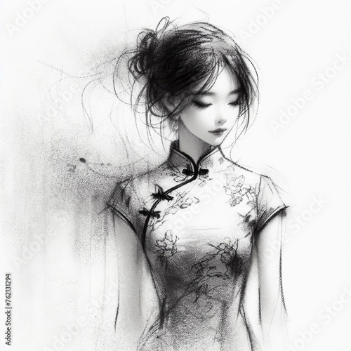 Sketch of Chinese cheongsam dressing girl with Generative AI.