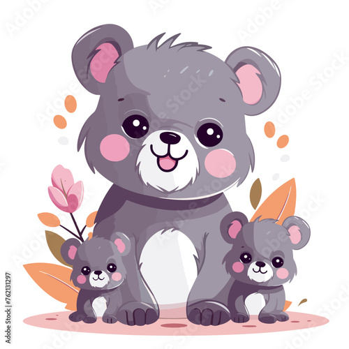 Cute cartoon bear with her two cubs. Vector illustration.