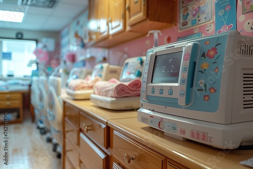 A clinical yet nurturing neonatal intensive care room with multiple incubators and soft decorations