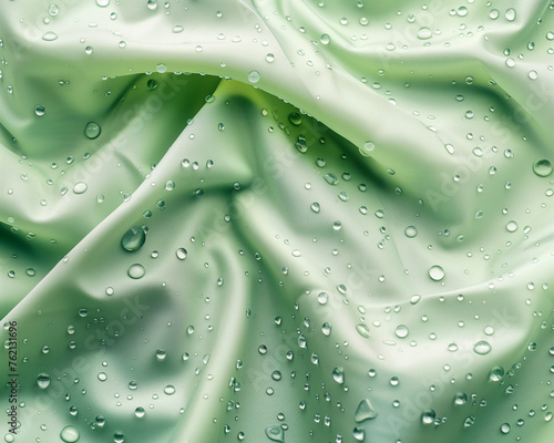 Silk waves: dense light green fabric with transparent water droplets, textured and gleaming surface, ideal background for elegance and sophistication.