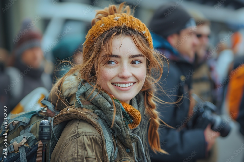 Smiling young woman in a beanie and backpack enjoys a vibrant city life scene, exuding warmth and happiness