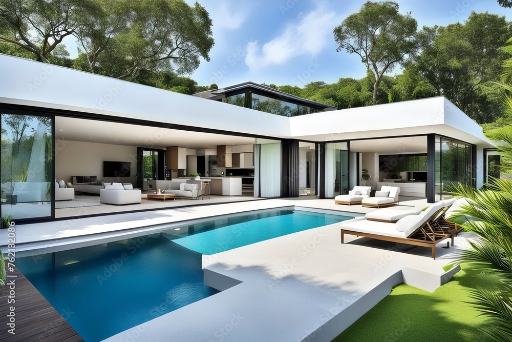 Design of a modern villa house with open plan living and private bedroom wing large terrace and privacy Design of a modern villa house with open plan living and private bedroom wing large terrace and privacy