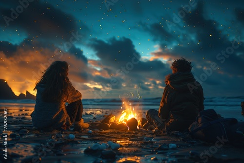 An intimate moment between a couple  warming up by a bonfire on a beach under a starry night sky
