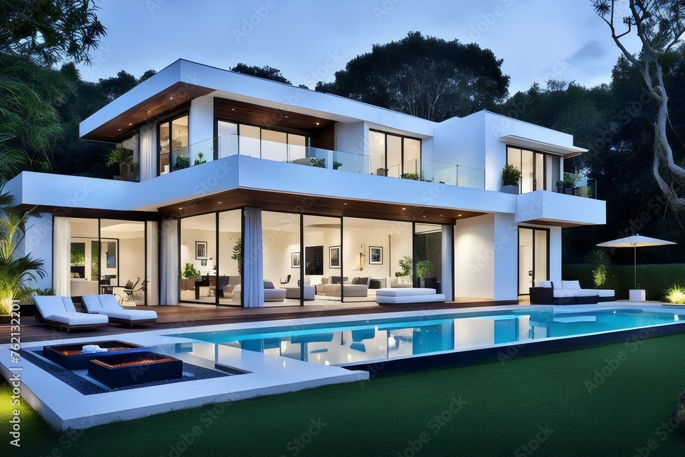 Design of a modern villa house with open plan living and private bedroom wing large terrace and privacy