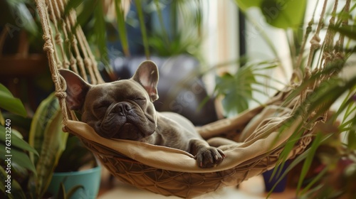 French bulldog relaxes on a hammock surrounded by tropical plants created with Generative AI Technology