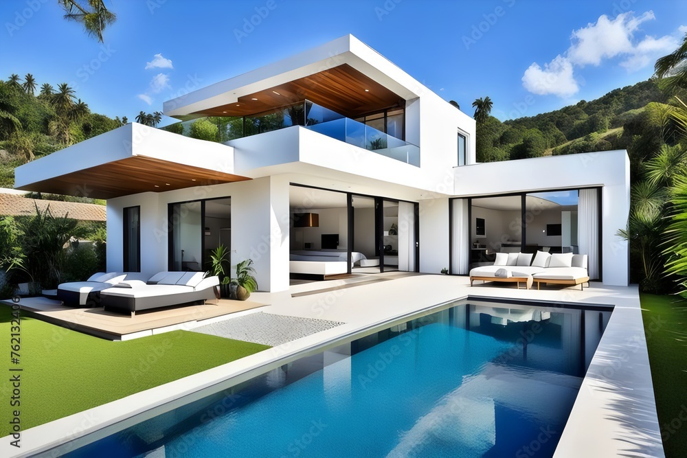 Fototapeta premium Design of a modern villa house with open plan living and private bedroom wing large terrace and privacy