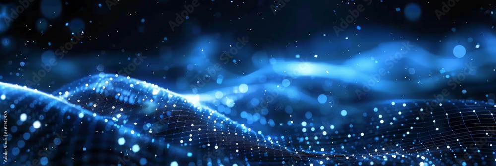 Abstract blue wave with glowing dots on a dark background, a digital ...