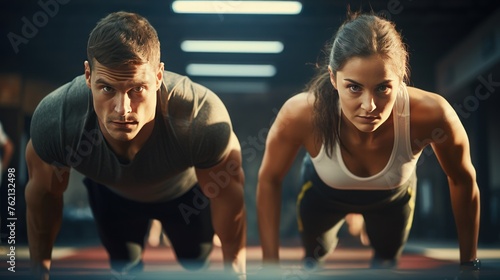 Man and woman wearing sports clothes doing push-ups in the gym.